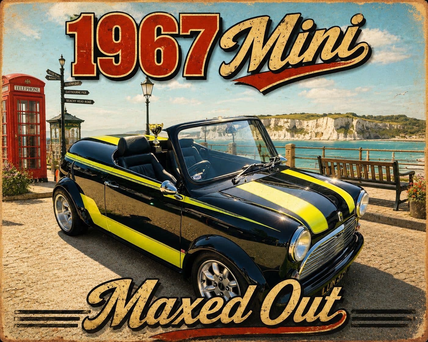 Stylised DCC artwork of a 1967 Mini titled Maxed Out