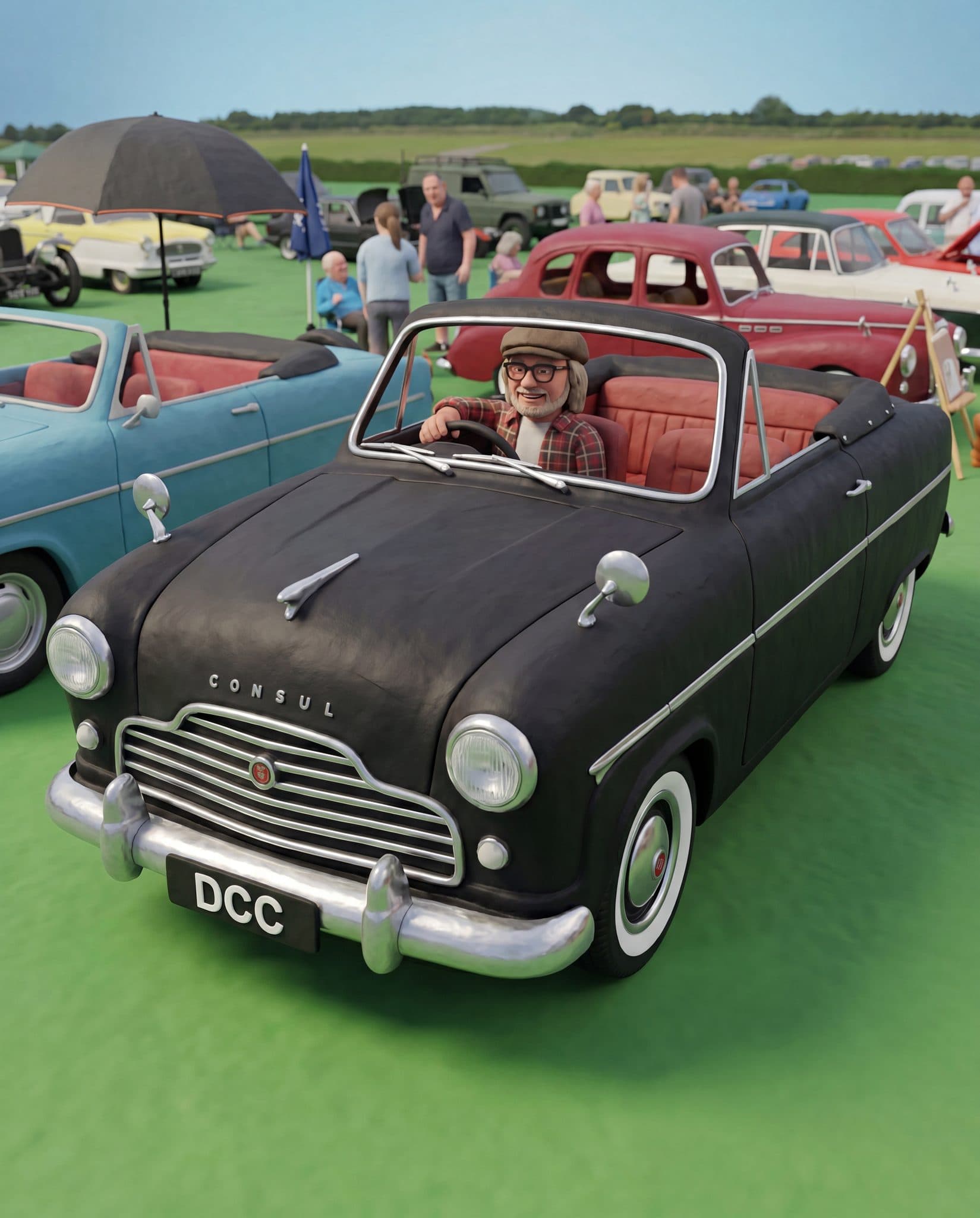 Claymation model scene of the Junk & Disorderly visit to Dean's Ford Consul — DCC claymation artwork