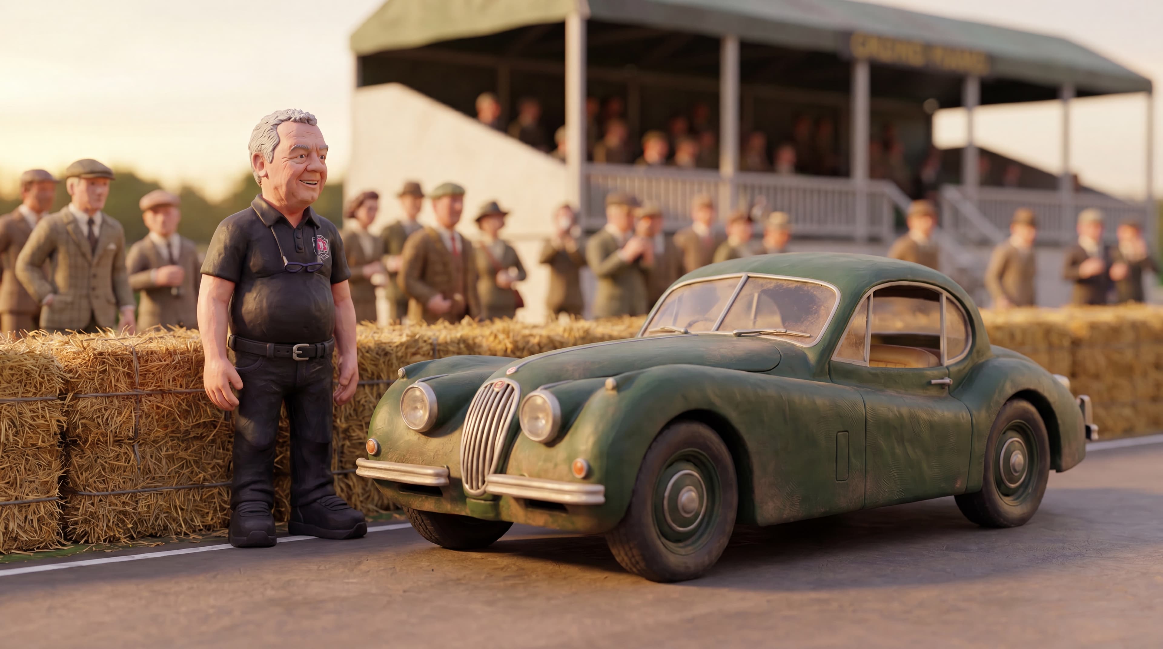 Classic racing cars on the track at Goodwood Motor Circuit claymation scene