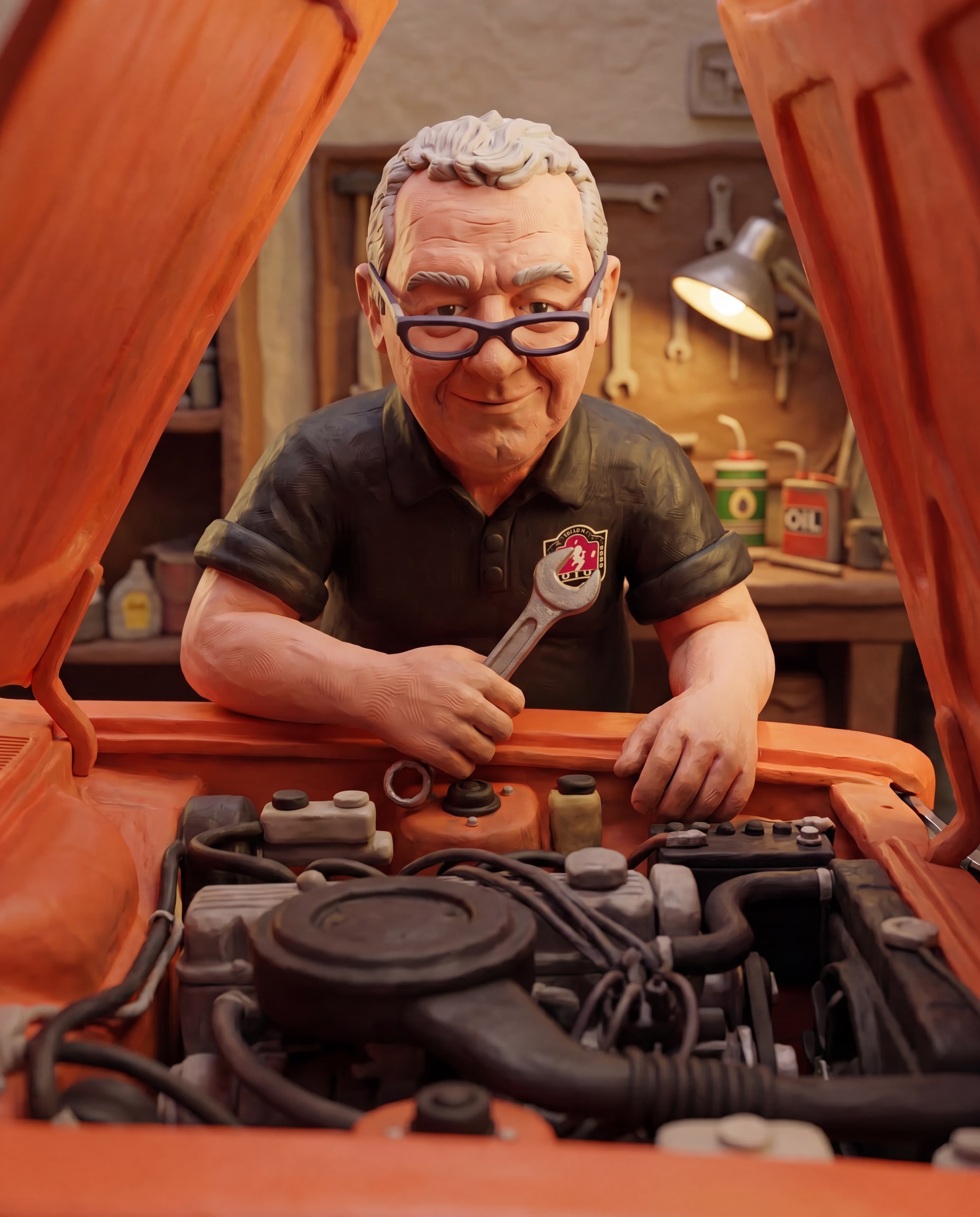 Dean working under the bonnet of an orange Ford Cortina Mk3 claymation scene