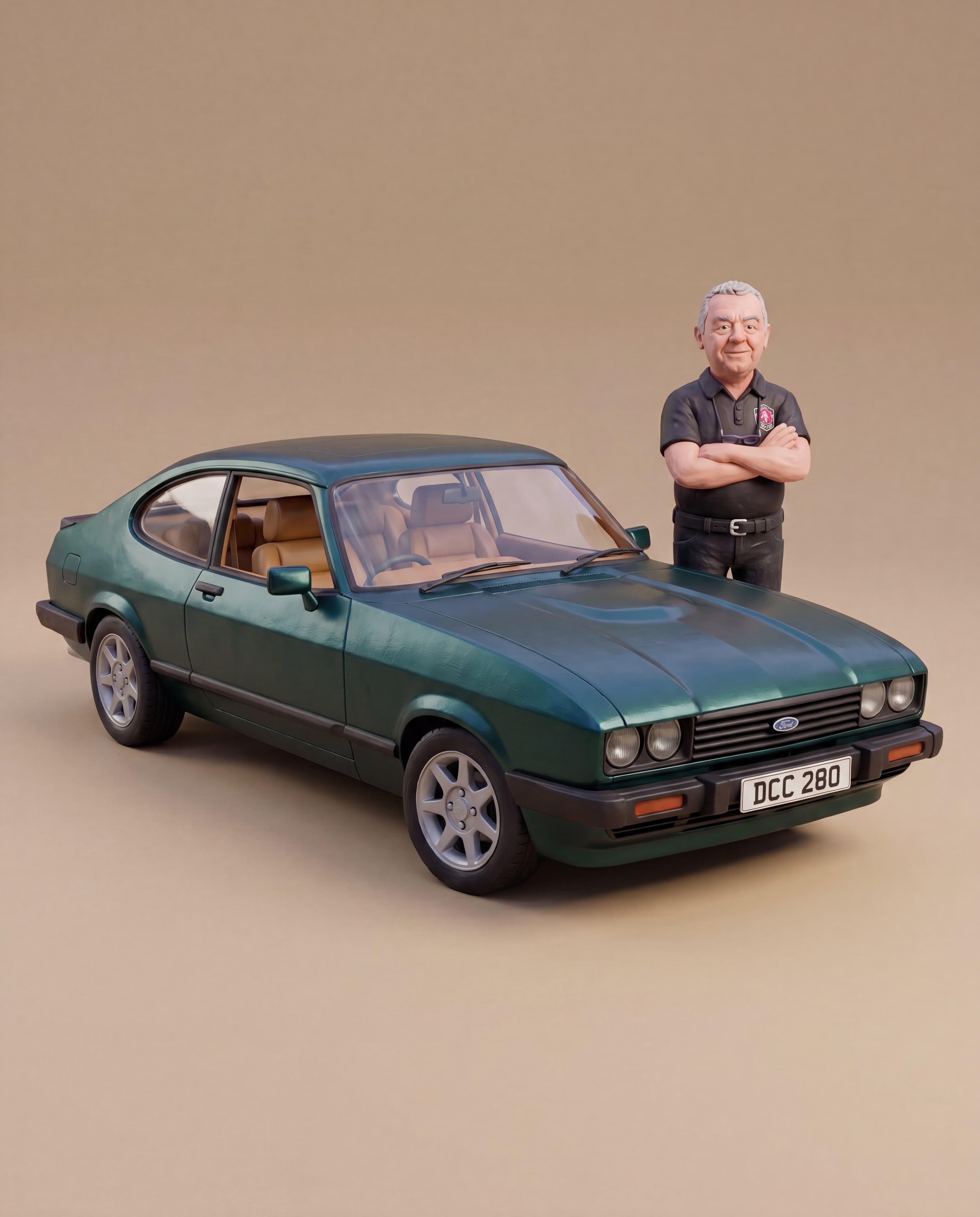 Dean polishing a 1987 Ford Capri 280 Brooklands Green metallic claymation scene