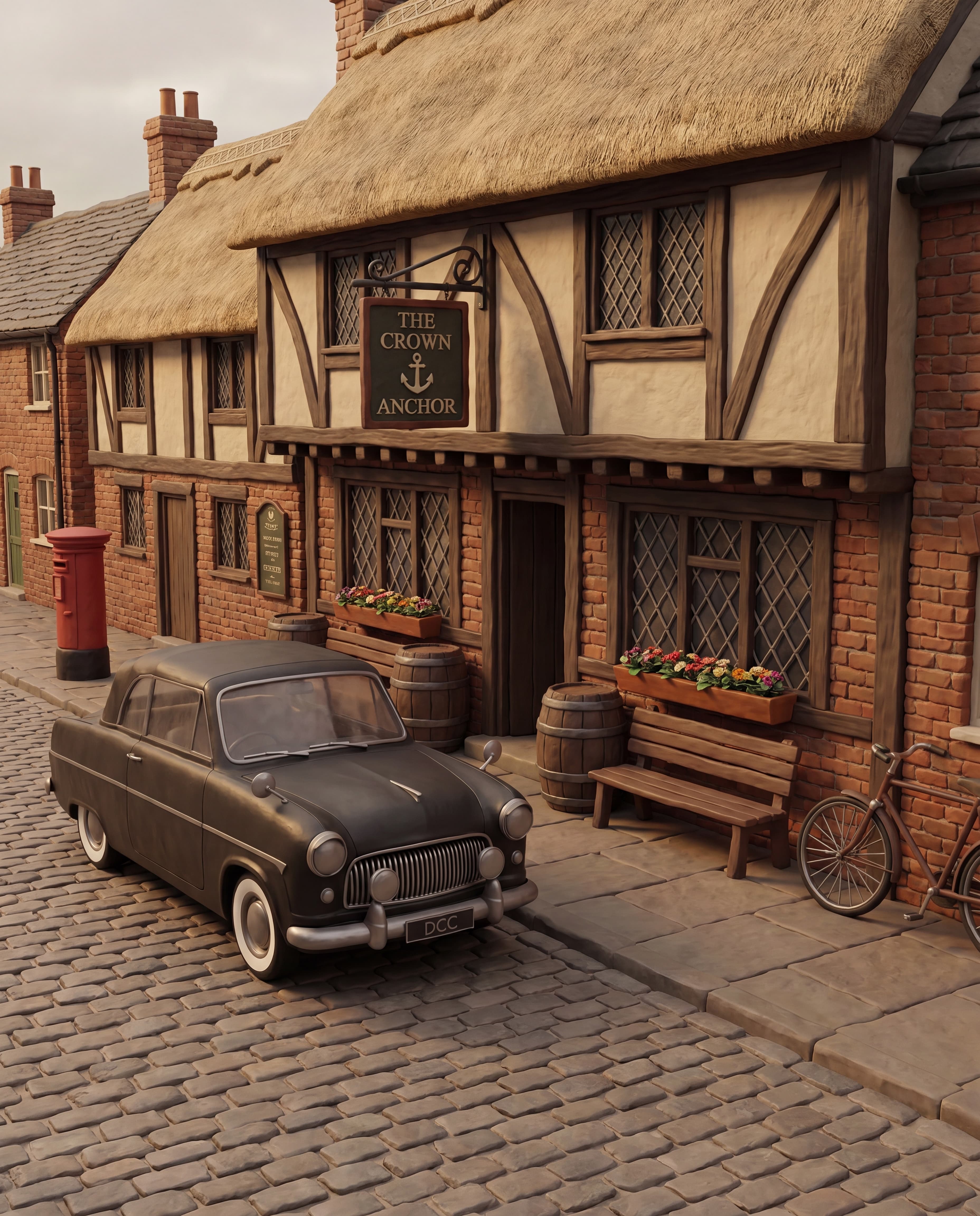 Dean's real 1955 Ford Consul Mk1 Convertible outside an old British pub